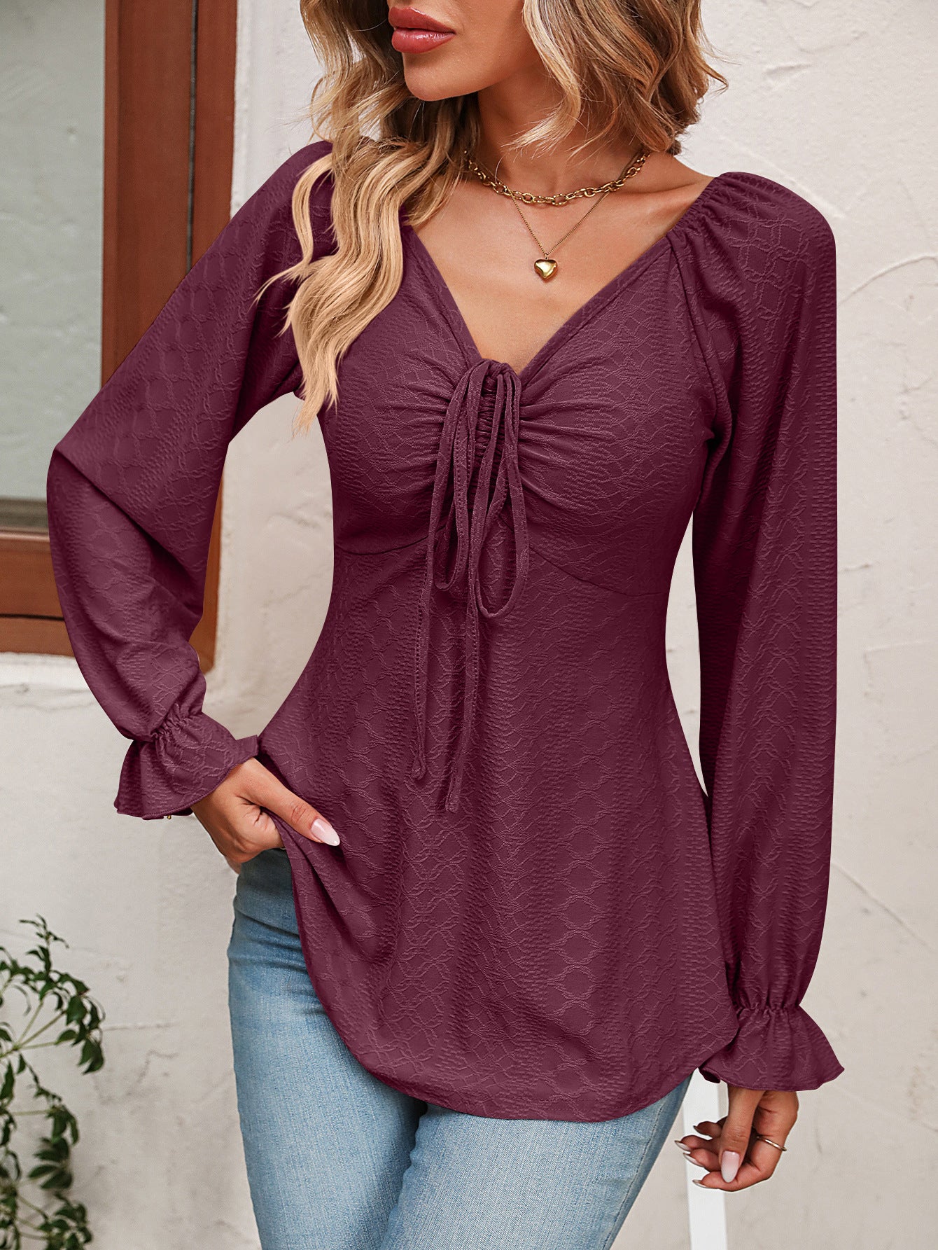 Tie Front V-Neck Puff Sleeve Blouse Trendsi