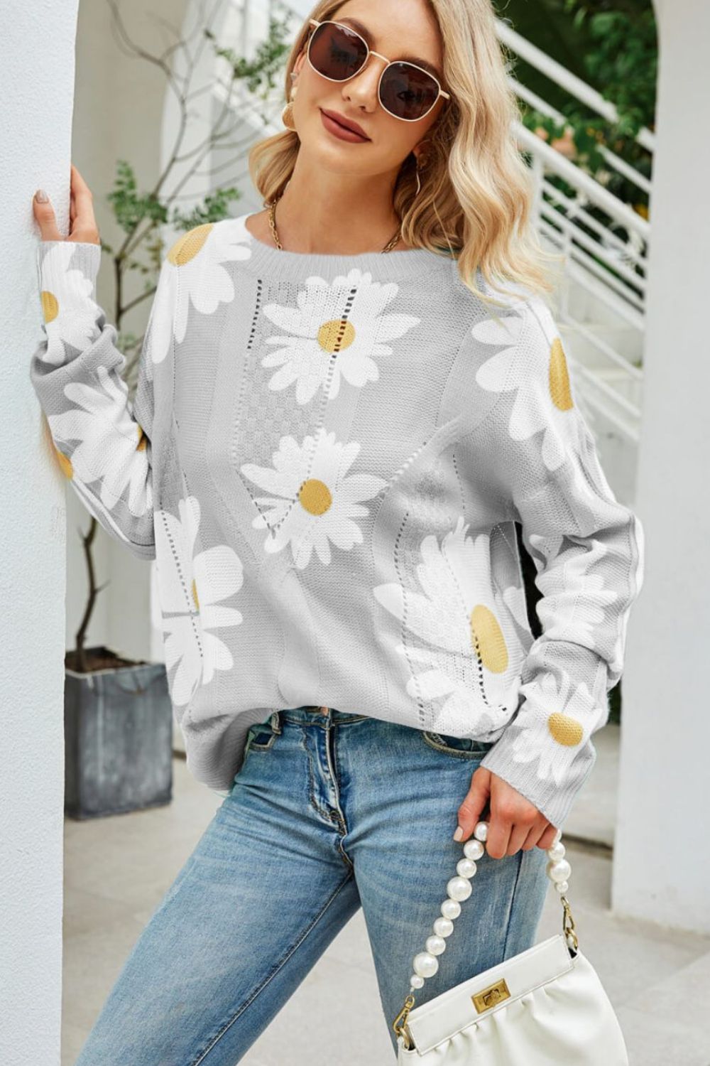 Daisy Print Openwork Round Neck Sweater Trendsi