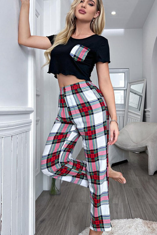 Lettuce Trim Cropped T-Shirt and Plaid Pants Lounge Set Trendsi