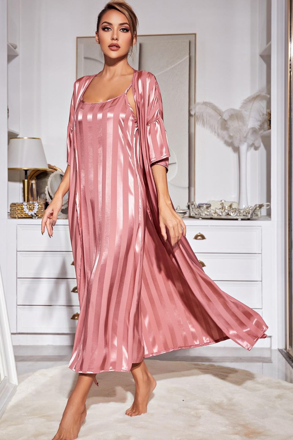 Striped Flounce Sleeve Open Front Robe and Cami Dress Set Trendsi