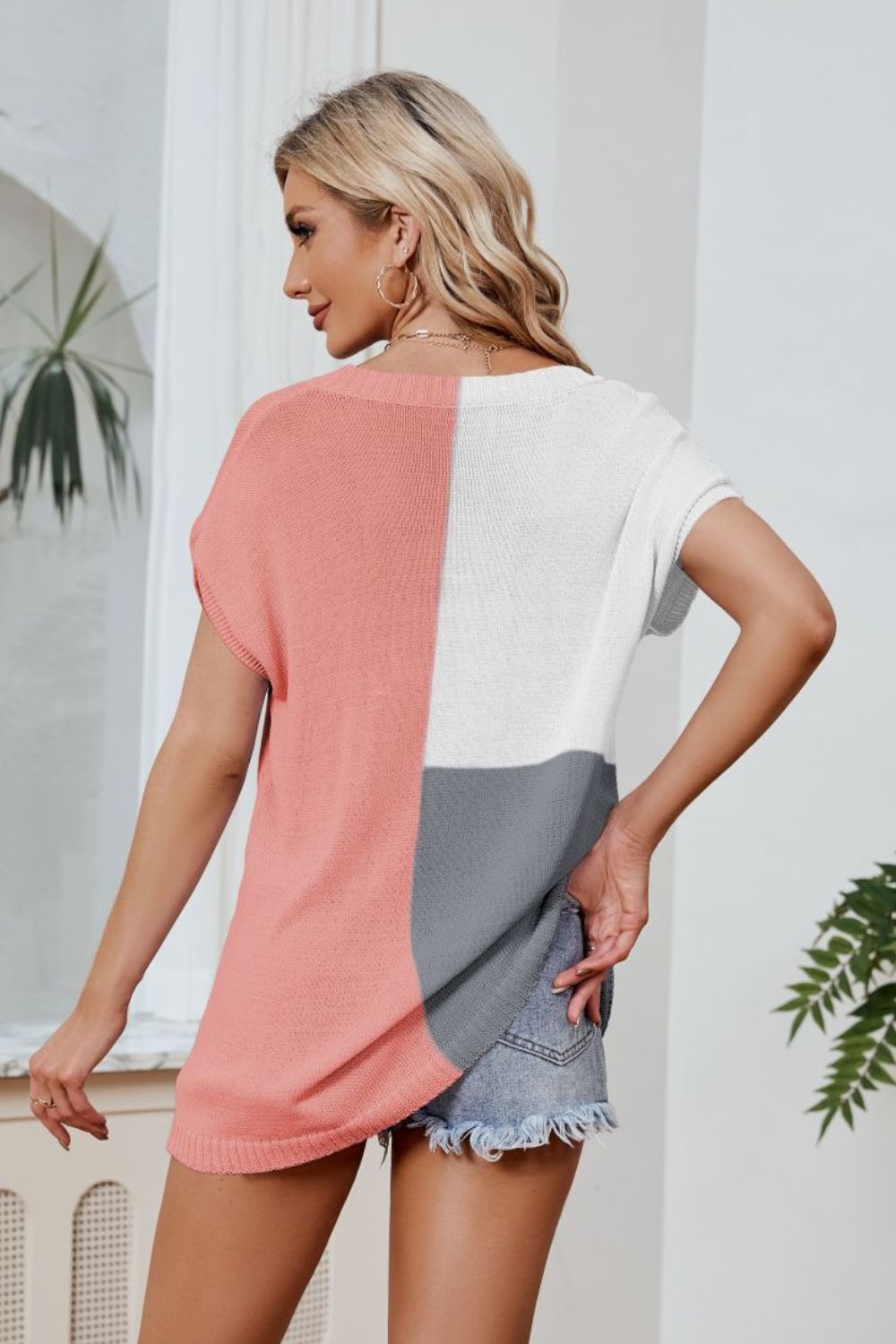 Color Block V-Neck Knit Top Trendsi