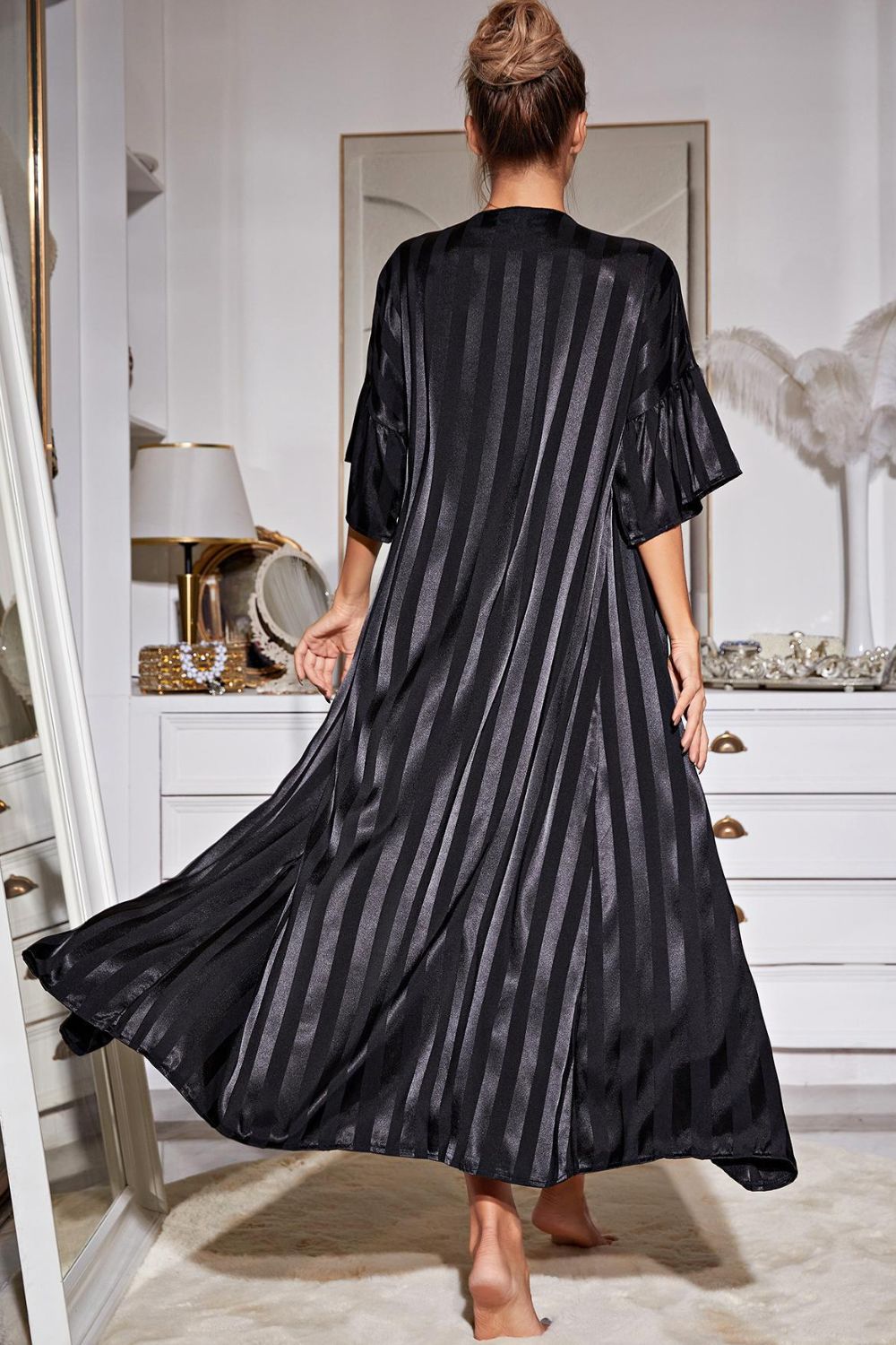 Striped Flounce Sleeve Open Front Robe and Cami Dress Set Trendsi