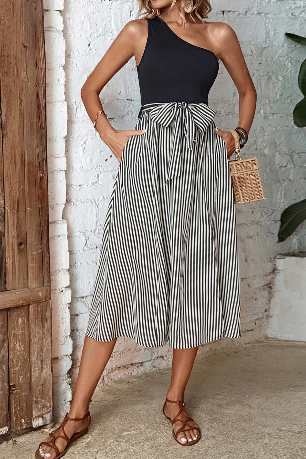 Striped One-Shoulder Slit Dress Trendsi