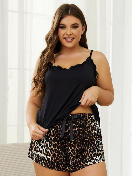 Plus Size Lace Trim Scoop Neck Cami and Printed Shorts Pajama Set Trendsi