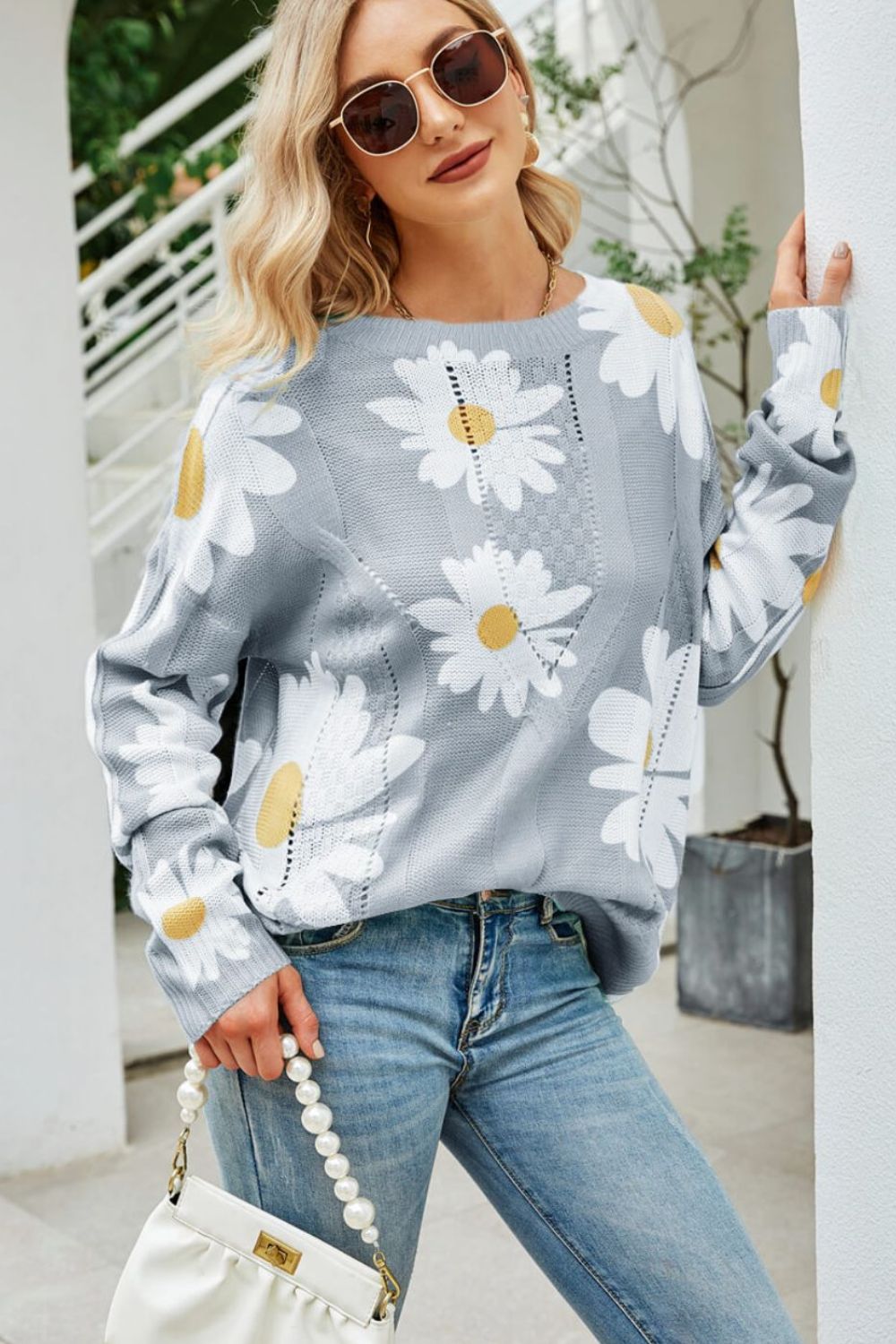 Daisy Print Openwork Round Neck Sweater Trendsi