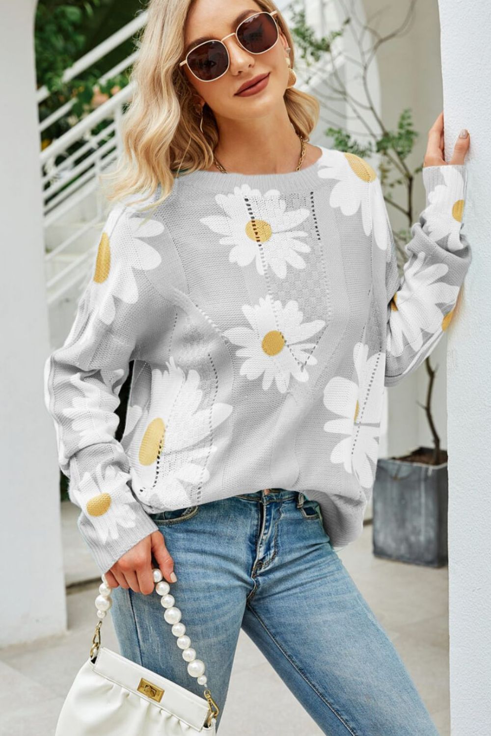 Daisy Print Openwork Round Neck Sweater Trendsi