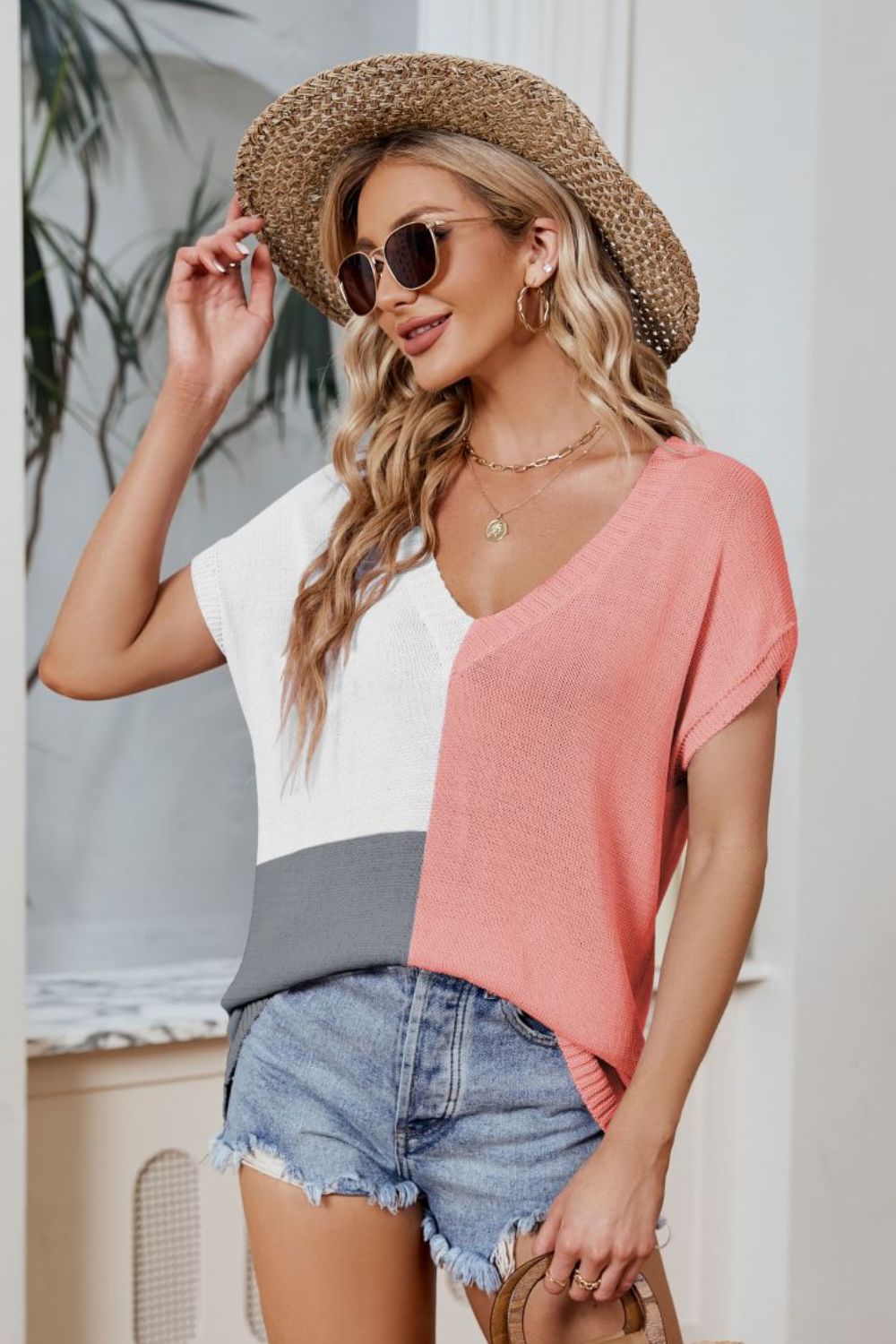 Color Block V-Neck Knit Top Trendsi