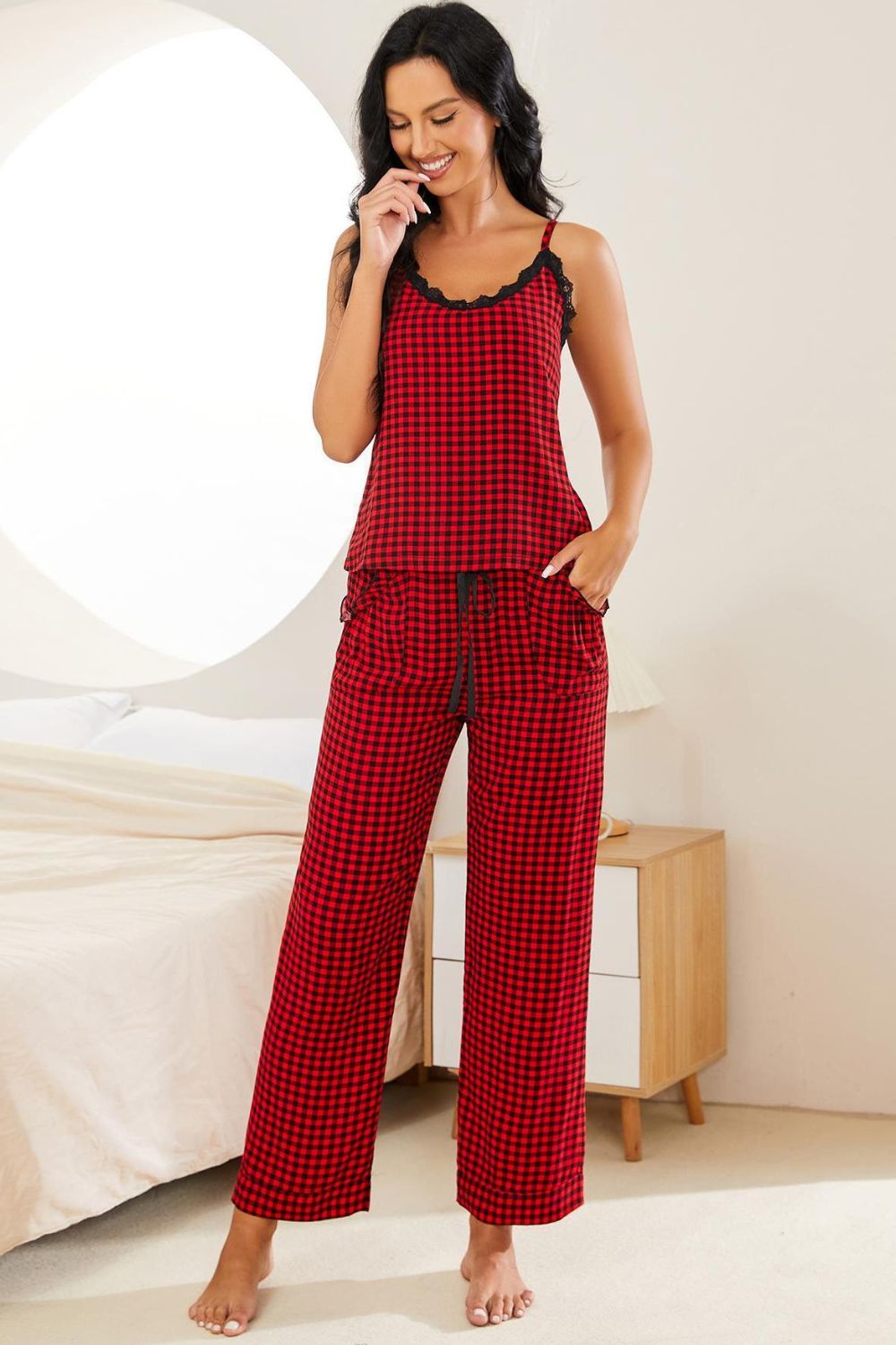 Plaid Lace Trim Cami and Drawstring Pants Pajama Set Trendsi