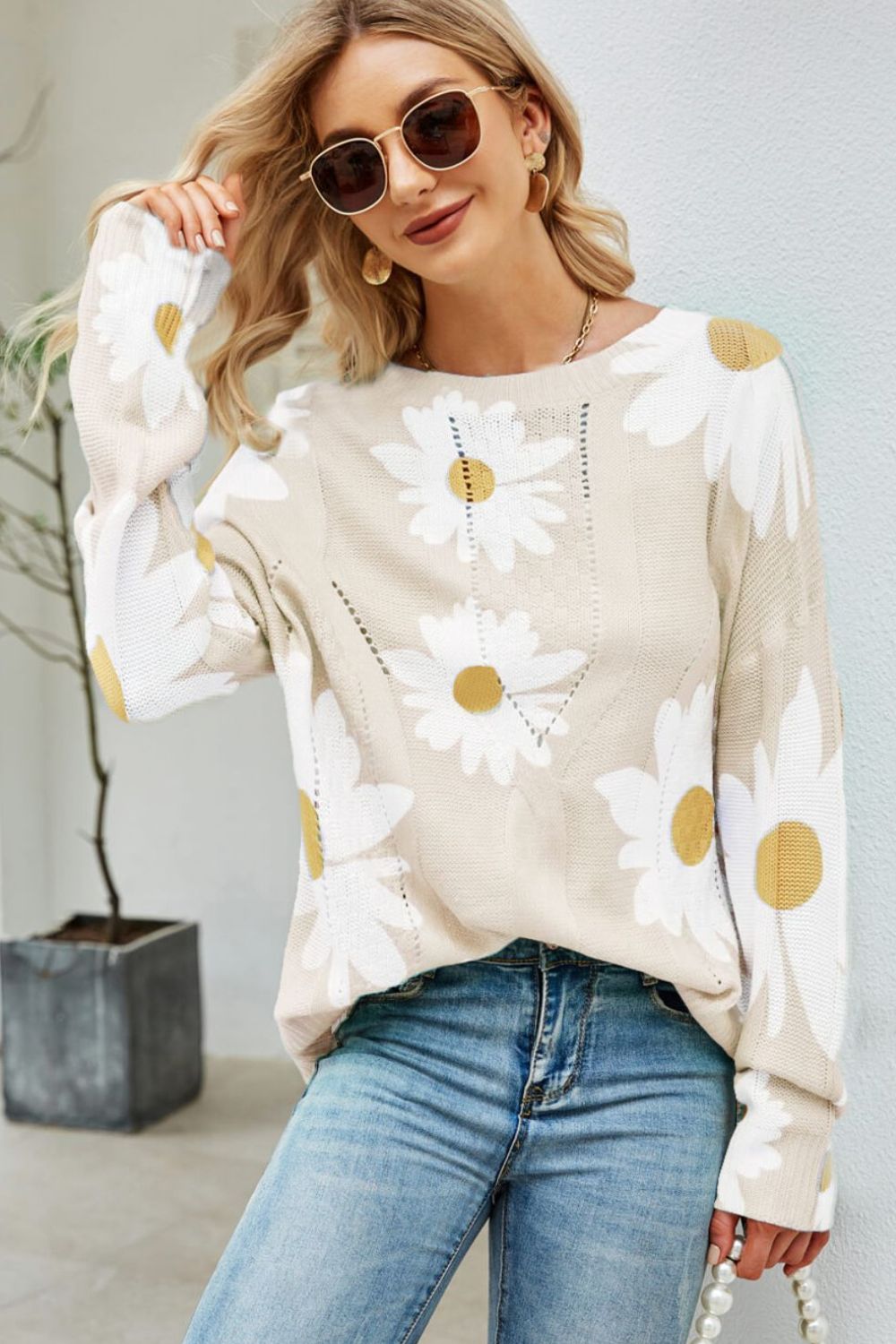 Daisy Print Openwork Round Neck Sweater Trendsi