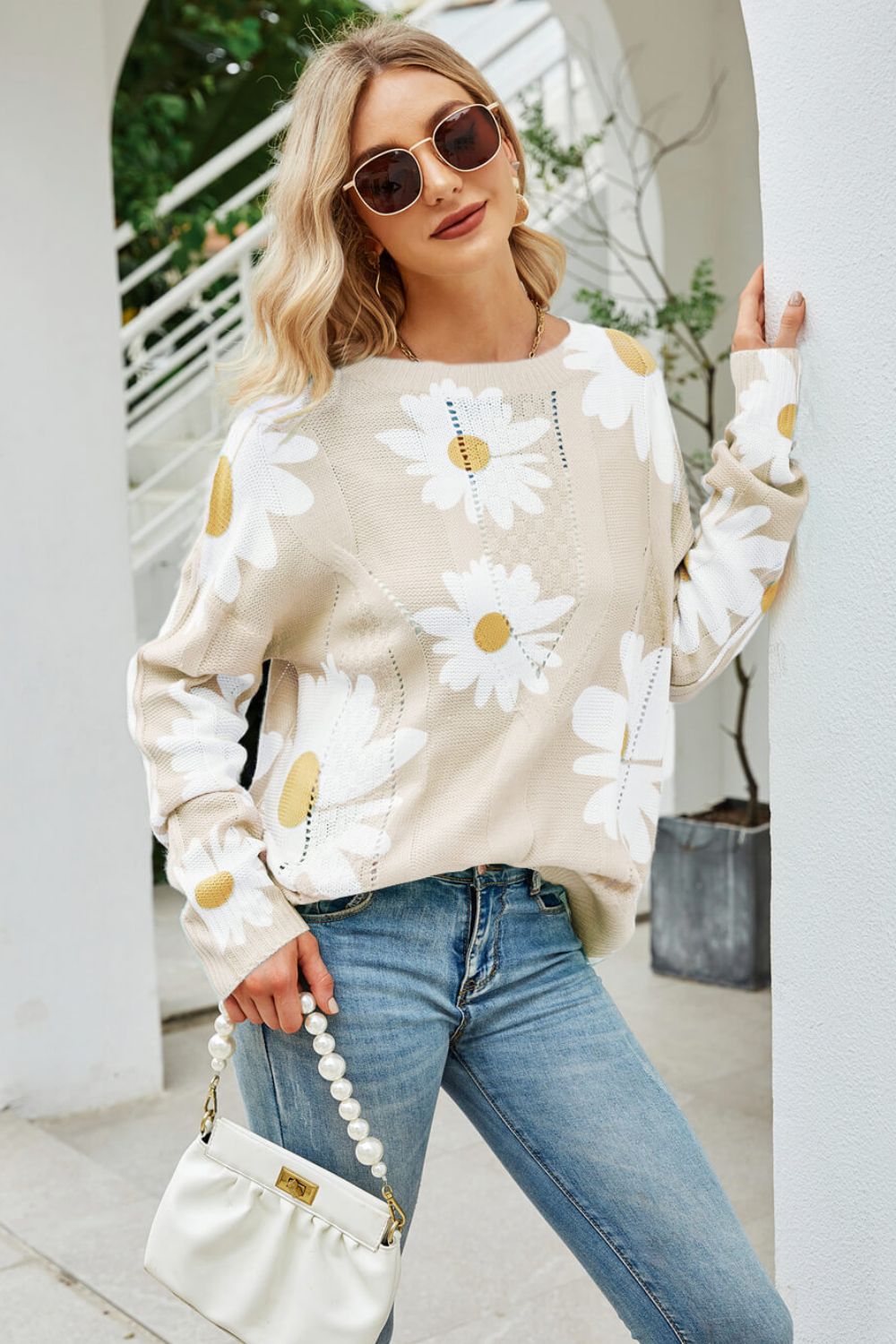 Daisy Print Openwork Round Neck Sweater Trendsi