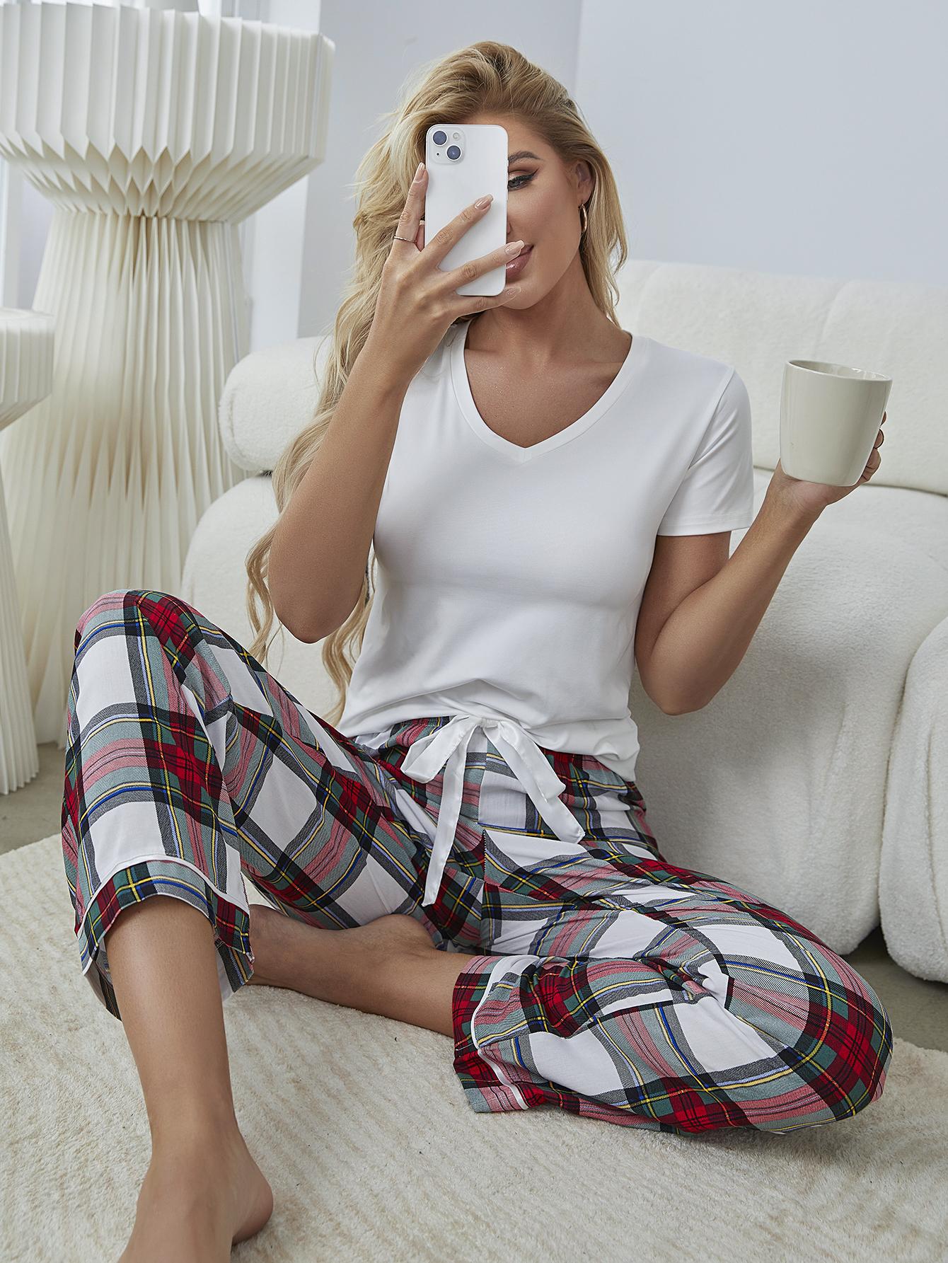 V-Neck Tee and Plaid Pants Lounge Set Trendsi