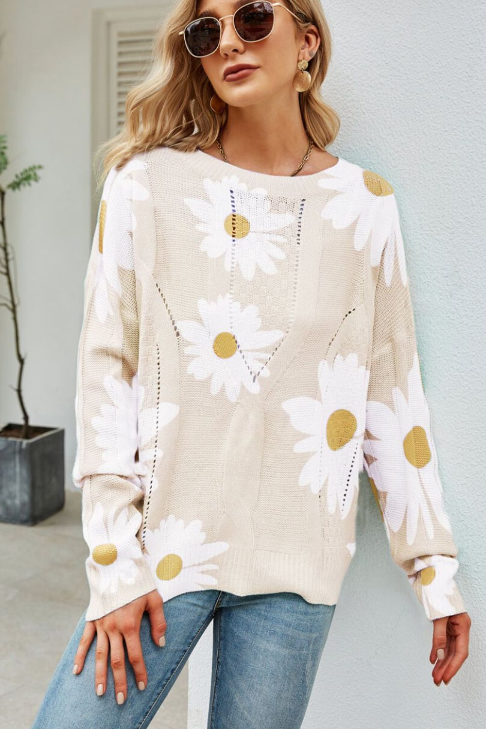 Daisy Print Openwork Round Neck Sweater Trendsi